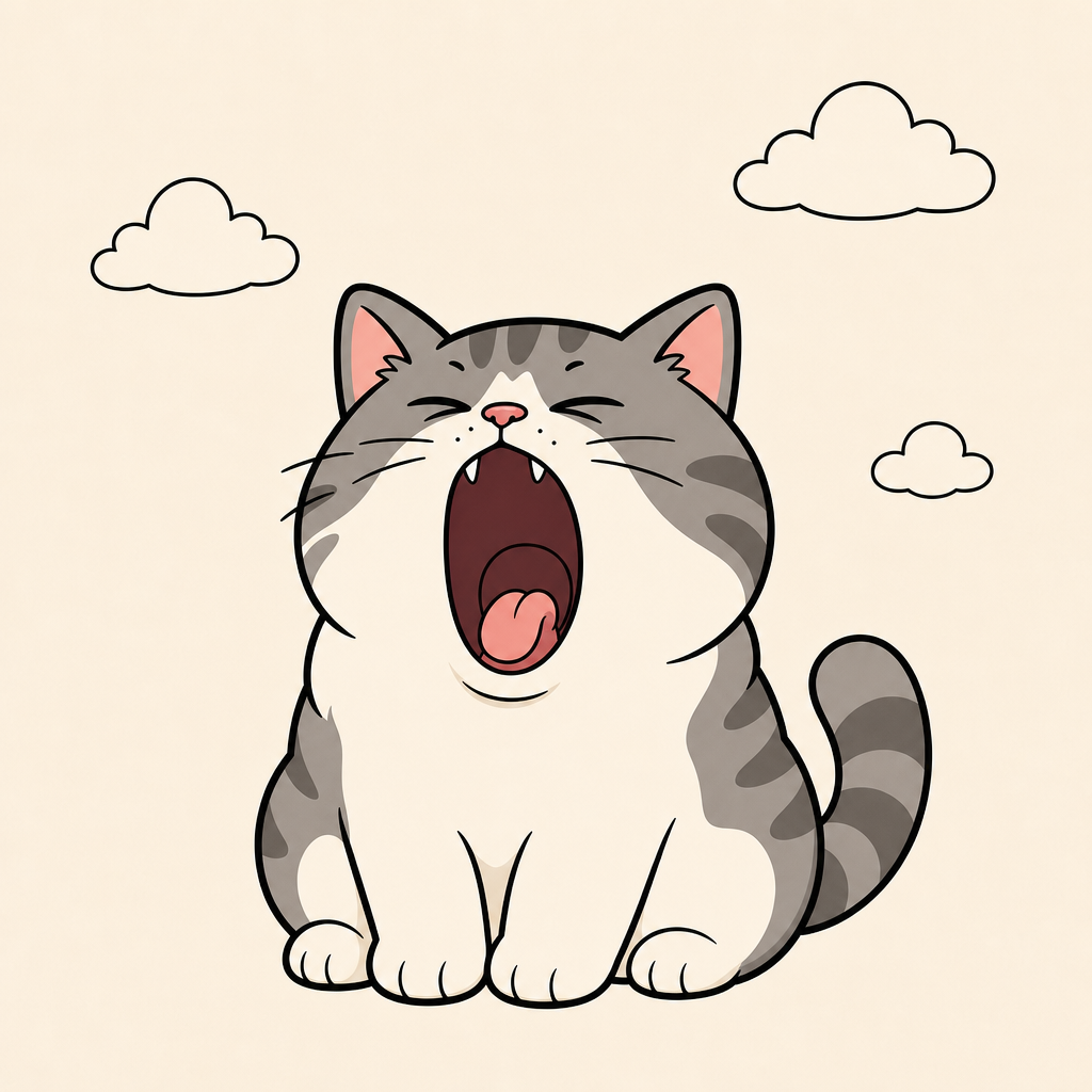 Yawning gray cat beneath three quiet clouds