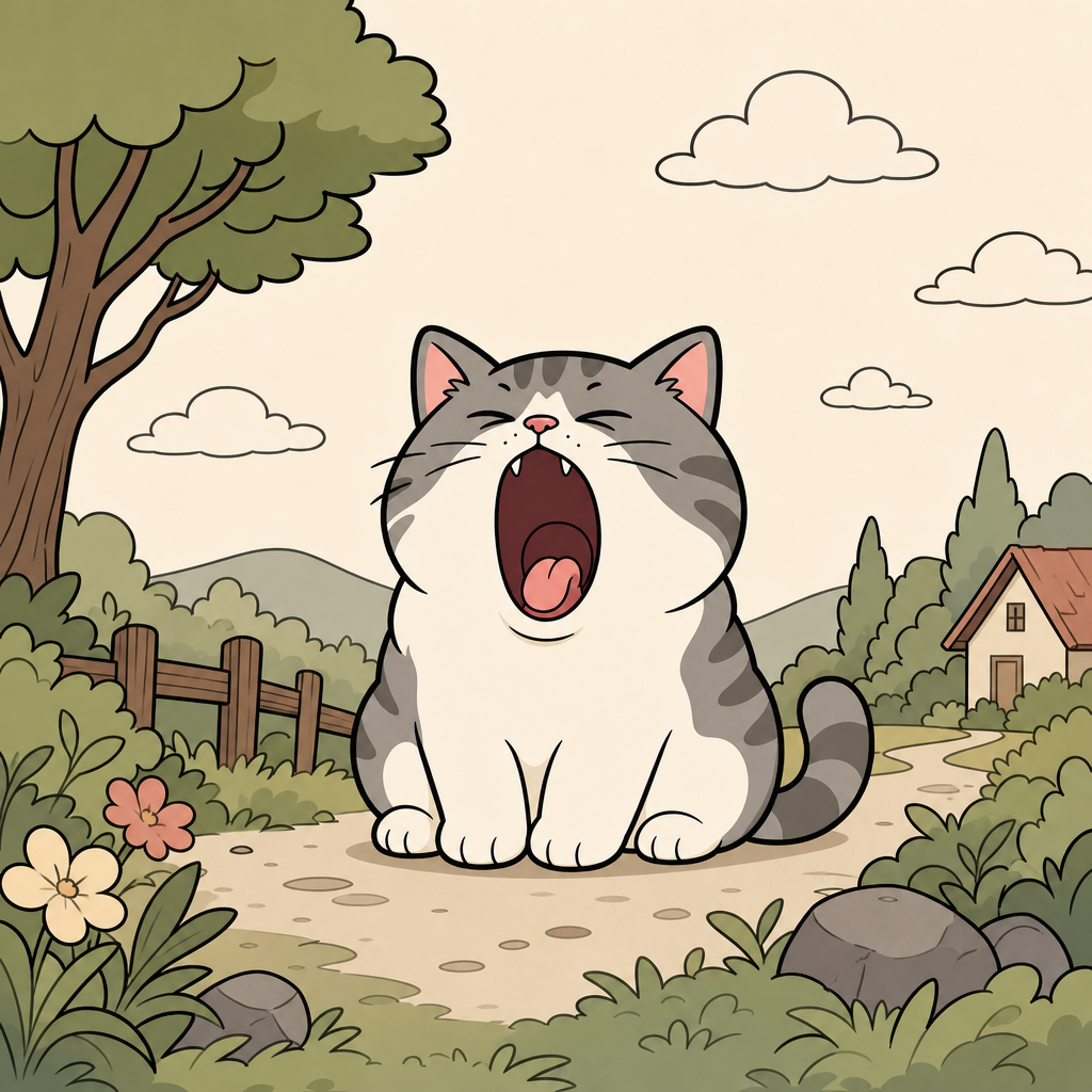 Yawning cat resting on a quiet countryside path